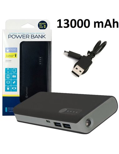 BATTERIA ESTERNA UNIVERSALE 13000 mAh CON LED DI FUNZIONAMENTO, DOPPIA PORTA USB E LUCE FLASH COLORE NERO E GRIGIO PLATINET