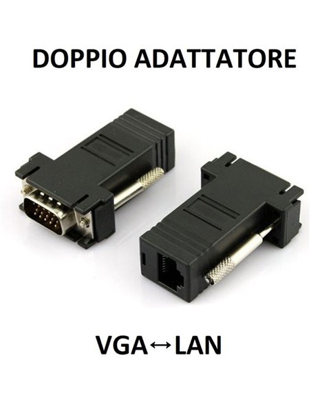 KIT DOPPIO CONVERTITORE DA VGA MASCHIO A PORTA LAN FEMMINA PER COLLEGAMENTO DA PC A MONITOR TRAMITE CAVO LAN COLORE NERO