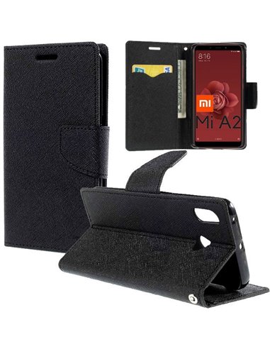 CUSTODIA per XIAOMI MI A2, MI 6X - FLIP ORIZZONTALE CON INTERNO IN TPU, STAND, PORTA CARTE E CHIUSURA MAGNETICA COLORE NERO