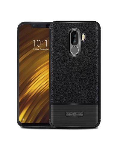 CUSTODIA per XIAOMI POCOPHONE F1 IN GEL TPU SILICONE EFFETTO PELLE CON INSERTO IN FANTASIA CARBONIO COLORE NERO