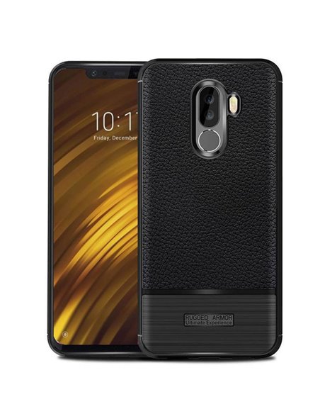 CUSTODIA per XIAOMI POCOPHONE F1 IN GEL TPU SILICONE EFFETTO PELLE CON INSERTO IN FANTASIA CARBONIO COLORE NERO