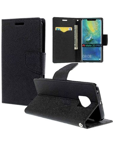 CUSTODIA per HUAWEI MATE 20 PRO - FLIP ORIZZONTALE CON INTERNO IN TPU, STAND, PORTA CARTE E CHIUSURA MAGNETICA COLORE NERO