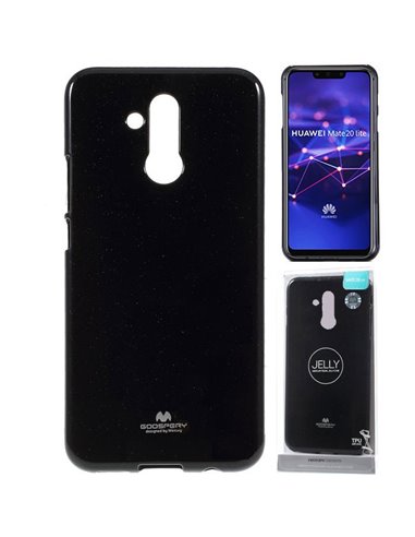 CUSTODIA per HUAWEI MATE 20 LITE IN GEL TPU SILICONE COLORE NERO LUCIDO CON GLITTER ALTA QUALITA' MERCURY BLISTER