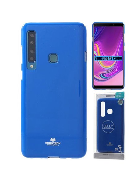 CUSTODIA per SAMSUNG GALAXY A9 2018 (SM-A920) IN GEL TPU SILICONE BLU LUCIDO CON GLITTER ALTA QUALITA' MERCURY BLISTER