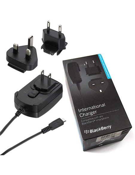 CARICATORE DA RETE 700mAh ORIGINALE BLACKBERRY CON CONNETTORE MICRO USB + ADATTATORI (EU, UK, US) NERO ACC-18080-203