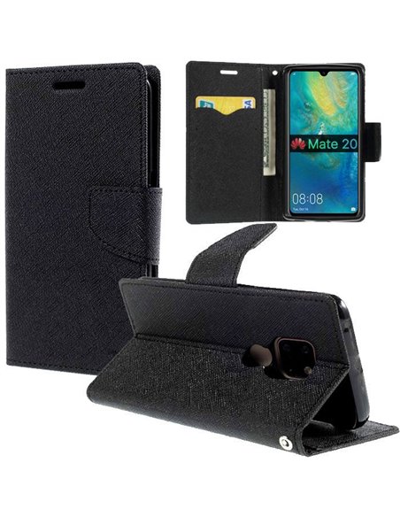 CUSTODIA per HUAWEI MATE 20 - FLIP ORIZZONTALE CON INTERNO IN TPU, STAND, PORTA CARTE E CHIUSURA MAGNETICA COLORE NERO