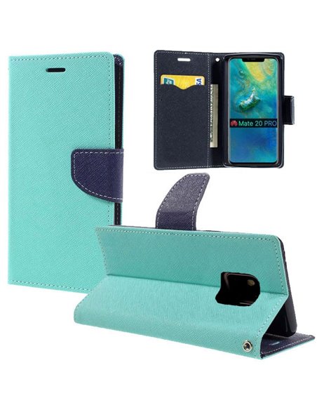 CUSTODIA per HUAWEI MATE 20 PRO - FLIP ORIZZONTALE CON INTERNO IN TPU, STAND, PORTA CARTE E CHIUSURA MAGNETICA VERDE ACQUA