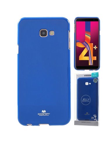 CUSTODIA per SAMSUNG GALAXY J4 PLUS (SM-J415) IN GEL TPU SILICONE COLORE BLU LUCIDO CON GLITTER ALTA QUALITA' MERCURY BLISTER