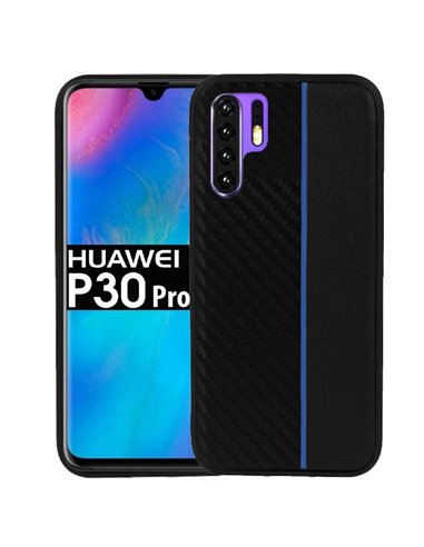 CUSTODIA per HUAWEI P30 PRO, P30 PRO NEW EDITION - IN GEL TPU SILICONE COLORE NERO EFFETTO CARBONIO CON INSERTO BLU