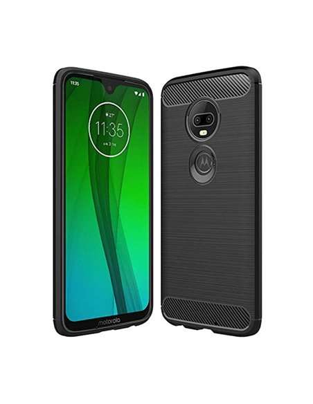 CUSTODIA per MOTOROLA MOTO G7, MOTO G7 PLUS IN GEL TPU SILICONE EFFETTO METALLICO CON INSERTI IN FANTASIA CARBONIO NERO