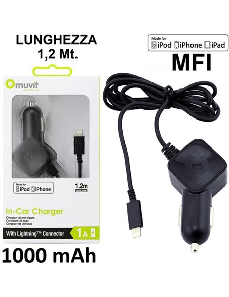 CARICATORE AUTO 1000mAh CON CONNETTORE LIGHTNING (CERTIFICATO MFI) LUNGHEZZA 1,2 MT COLORE BIANCO MUVIT MUDCC0097 BLISTER