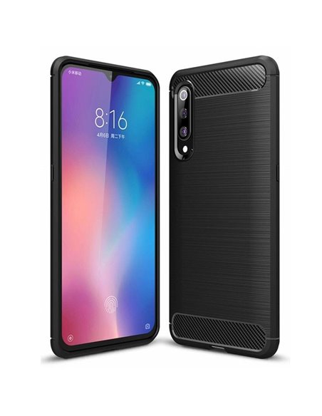 CUSTODIA per XIAOMI MI 9 SE (5.97') IN GEL TPU SILICONE EFFETTO METALLICO CON INSERTI IN FANTASIA CARBONIO COLORE NERO