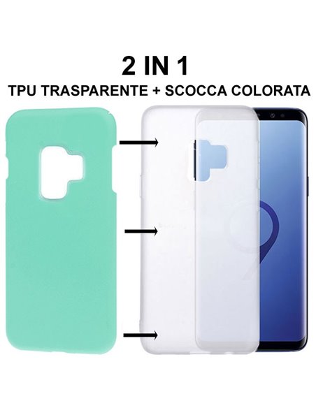 CUSTODIA per SAMSUNG GALAXY S9 (SM-G960) - 2 IN 1: GEL TPU SEMITRASPARENTE + SCOCCA RIGIDA RIMOVIBILE COLORE VERDE ACQUA