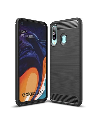 CUSTODIA per SAMSUNG GALAXY A60 (SM-A606), GALAXY M40 (SM-M405) TPU EFFETTO METALLICO CON INSERTI FANTASIA CARBONIO COLORE NERO