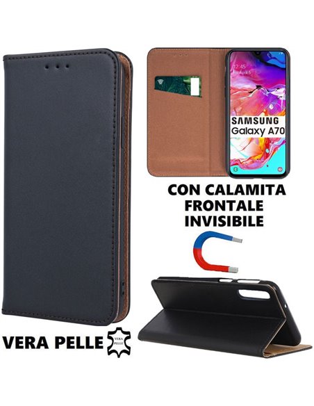 CUSTODIA per SAMSUNG GALAXY A70 (SM-A705), GALAXY A70s (SM-A707) - FLIP ORIZZONTALE VERA PELLE CHIUSURA MAGNETICA INVISIBILE NER