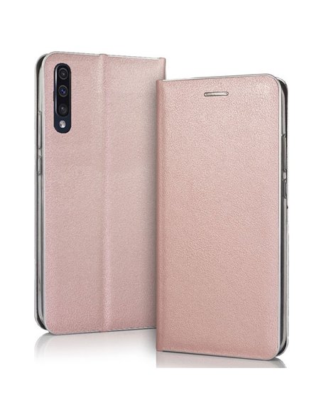 CUSTODIA per SAMSUNG GALAXY A70, A70s - FLIP ORIZZONTALE SIMILPELLE CHIUSURA MAGNETICA INVISIBILE ROSA ORO CON BORDO SILVER