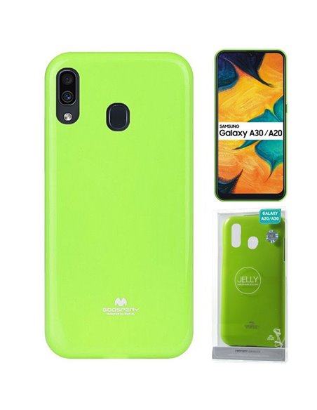 CUSTODIA per SAMSUNG GALAXY A30 (A305), A20 (A205) IN GEL TPU SILICONE VERDE LUCIDO CON GLITTER ALTA QUALITA' MERCURY BLISTER