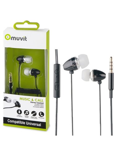 AURICOLARE STEREO con CONNETTORE JACK 3,5mm - GOMMINI, TASTO DI RISPOSTA E MICROFONO COLORE NERO MUVIT MUHPH0016