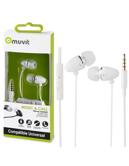 AURICOLARE STEREO con CONNETTORE JACK 3,5mm - GOMMINI, TASTO DI RISPOSTA E MICROFONO COLORE BIANCO MUVIT MUHPH0019