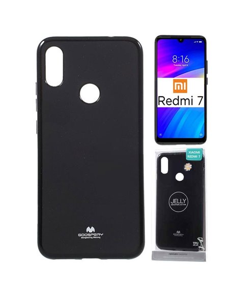 CUSTODIA per XIAOMI REDMI 7, REDMI Y3 IN GEL TPU SILICONE COLORE NERO LUCIDO CON GLITTER ALTA QUALITA' MERCURY BLISTER