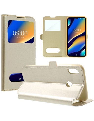 CUSTODIA per WIKO VIEW 3 LITE - FLIP ORIZZONTALE SIMILPELLE CON INTERNO IN TPU SILICONE E DOPPIA FINESTRA ID COLORE ORO