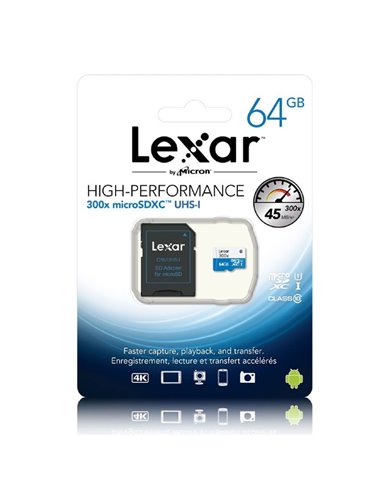 MEMORY CARD LSDMI64GB1EU300A MICRO SDXC 300x 64 GB + ADATTATORE SD CLASSE 10 CON 45MB/s VELOCITA' DI TRASFERIMENTO LEXAR