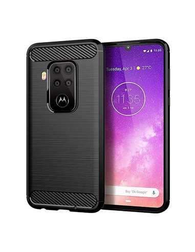 CUSTODIA per MOTOROLA ONE ZOOM, ONE PRO IN GEL TPU SILICONE EFFETTO METALLICO CON INSERTI IN FANTASIA CARBONIO NERO