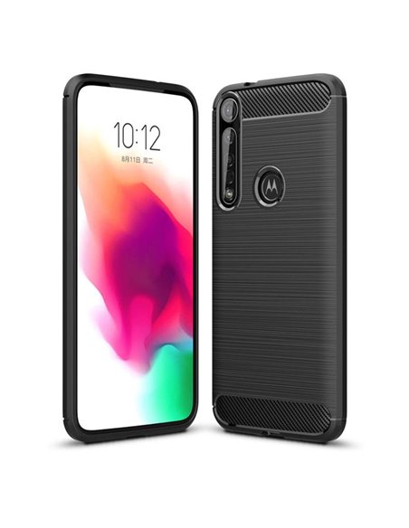 CUSTODIA per MOTOROLA MOTO G8 PLUS - IN GEL TPU SILICONE EFFETTO METALLICO CON INSERTI IN FANTASIA CARBONIO NERO