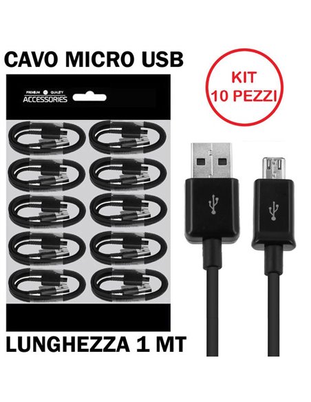 CAVO MICRO USB - LUNGHEZZA 1 MT COLORE NERO CONFEZIONATO IN BUSTINA KIT 10 PEZZI