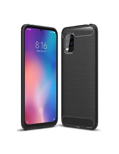 CUSTODIA per XIAOMI MI 10 LITE (5G) - IN GEL TPU SILICONE EFFETTO METALLICO CON INSERTI IN FANTASIA CARBONIO COLORE NERO