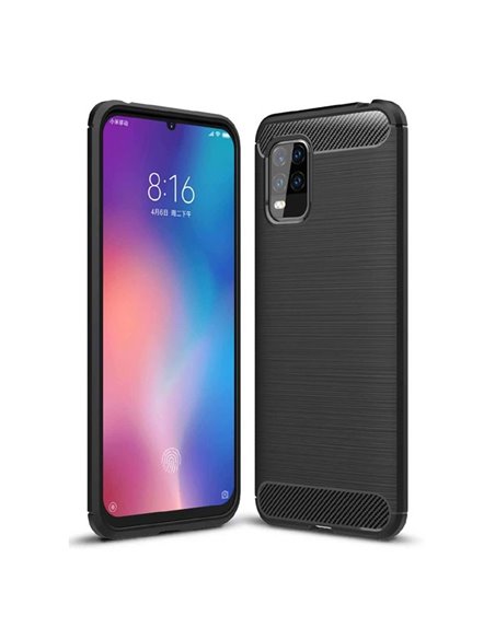 CUSTODIA per XIAOMI MI 10 LITE (5G) - IN GEL TPU SILICONE EFFETTO METALLICO CON INSERTI IN FANTASIA CARBONIO COLORE NERO