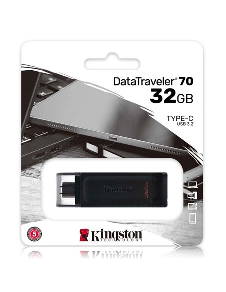 PEN DRIVE 32GB CON ATTACCO USB TYPE-C 3.2 GEN 1, CAPPUCCIO DI PROTEZIONE USB E ASOLA DI AGGANCIO COLORE NERO KINGSTON DT70/32GB