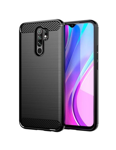 CUSTODIA per XIAOMI REDMI 9 - IN GEL TPU SILICONE EFFETTO METALLICO CON INSERTI IN FANTASIA CARBONIO COLORE NERO