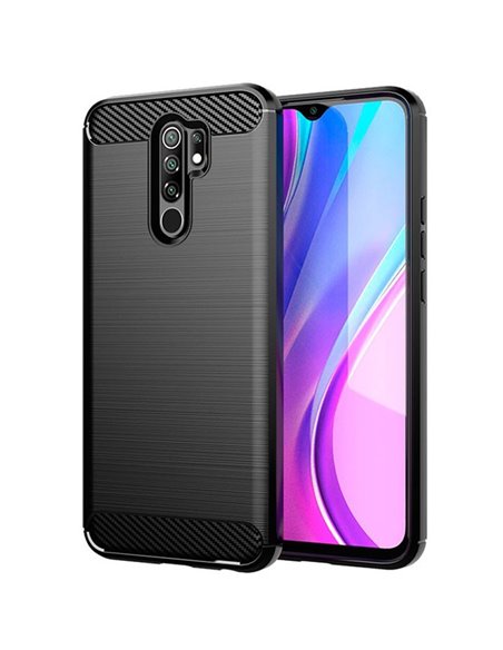 CUSTODIA per XIAOMI REDMI 9 - IN GEL TPU SILICONE EFFETTO METALLICO CON INSERTI IN FANTASIA CARBONIO COLORE NERO