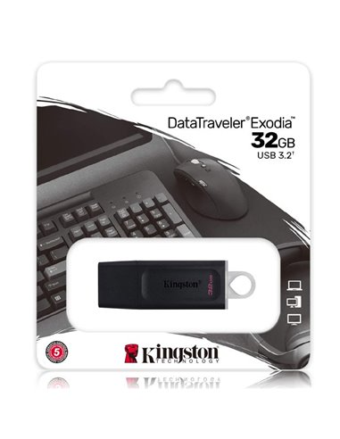 PEN DRIVE 32 GB USB 3.2 GEN 1, CAPPUCCIO DI PROTEZIONE USB COLORE NERO CON ASOLA DI AGGANCIO TRASPARENTE KINGSTON EXODIA