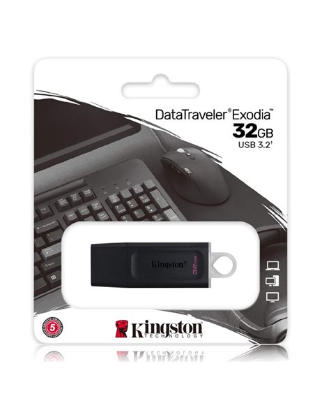 PEN DRIVE 32 GB USB 3.2 GEN 1, CAPPUCCIO DI PROTEZIONE USB COLORE NERO CON ASOLA DI AGGANCIO TRASPARENTE KINGSTON EXODIA