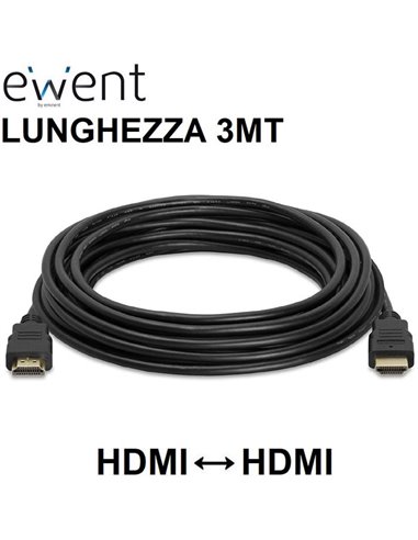 CAVO HDMI MASCHIO / HDMI MASCHIO 19 PIN CON ETHERNET 3D 4K ULTRA HD 30HZ CON CONNETTORI PLACCATI ORO - LUNGHEZZA 3MT NERO EWENT