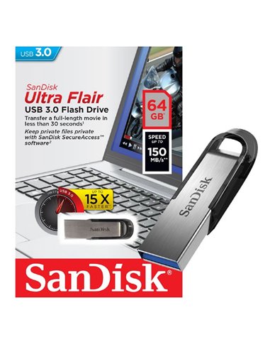 PEN DRIVE 64 GB USB 3.0 ULTRA FLAIR CON VELOCITA' DI LETTURA FINO A 150MB/s E CORPO IN METALLO SDCZ73-064G-G46 SANDISK