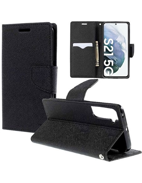 CUSTODIA per SAMSUNG GALAXY S21 5G (SM-G991B) - FLIP ORIZZONTALE CON STAND, INTERNO IN TPU SILICONE E PORTA CARTE COLORE NERO