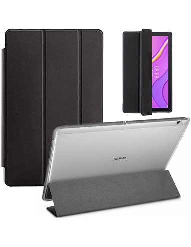 CUSTODIA per HUAWEI MATEPAD T10, T10S - FLIP ORIZZONTALE SIMILPELLE NERO CON PARTE POSTERIORE IN TPU TRASPARENTE E STAND