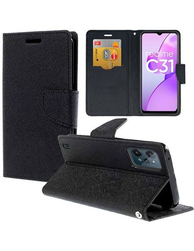 CUSTODIA per REALME C31 - FLIP ORIZZONTALE CON STAND, INTERNO IN TPU SILICONE E PORTA CARTE COLORE NERO