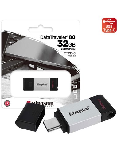 PEN DRIVE 32GB CON ATTACCO USB TYPE-C 3.2 GEN 1, CORPO IN METALLO E CAPPUCCIO DI PROTEZIONE USB KINGSTON DT80/32GB