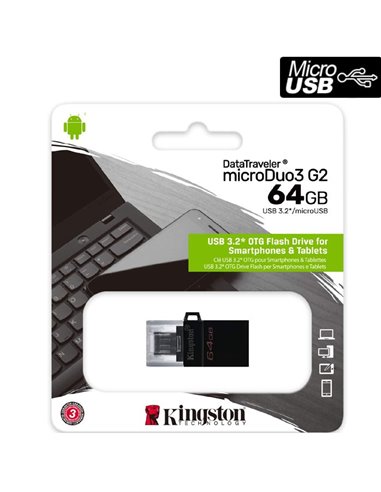 PEN DRIVE 64GB CON ATTACCO USB 3.2/MICROUSB G1 PER SMARTPHONE E TABLET CON TECNOLOGIA OTG DTDUO3G2/64GB KINGSTON BLISTER