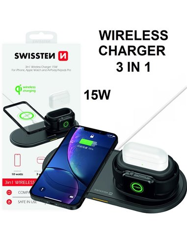 TRAVEL CASA WIRELESS 3IN1 15W PER APPLE WATCH, AIRPODS, AIRPODS PRO, IPHONE CON IDICATORE LED COLORE NERO SWISSTEN 22055506