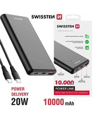 POWER BANK 10000mAh FAST CHARGING 20W CON 1 PORTA USB-A, 1 PORTA USB-C (IN/OUT) E 1 PORTA MICRO USB + CAVO USB-C/USB-C NERO SWIS