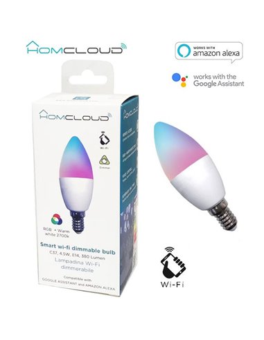 LAMPADINA SMART BULB WIFI 4.5W C37 COLORE BIANCO CALDO E MULTICOLORE COMPATIBILE CON ALEXA E GOOGLE ASSISTANT - ATTACCO E14