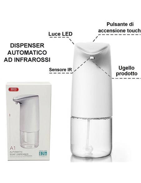 DISPENSER AUTOMATICO SAPONE AD INFRAROSSI SENZA CONTATTO CON CAPACITA' 450ml E TASTO ON/OFF TOUCH - BIANCO A1 XO BLISTER