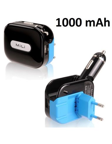 CARICATORE RETE + AUTO 1000mAh CON 2 PORTE USB COLORE NERO E AZZURRO MILI (TCCA.MILI.NE)