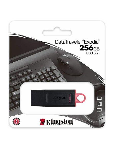 PEN DRIVE 256 GB USB 3.2 GEN 1, CAPPUCCIO DI PROTEZIONE USB COLORE NERO CON ASOLA DI AGGANCIO ROSSA KINGSTON EXODIA BLISTER