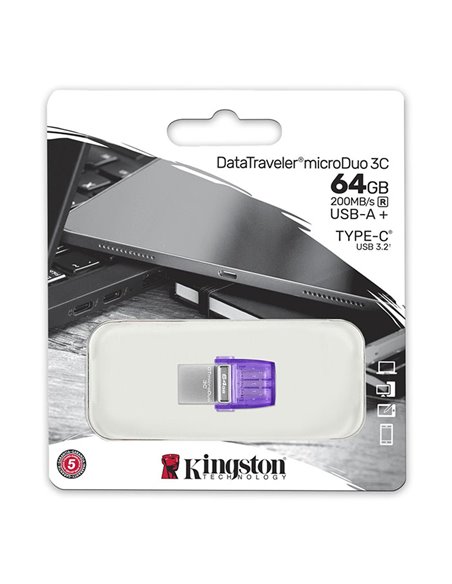 PEN DRIVE 64GB CON ATTACCO USB 3.2 E TYPE-C - VELOCITA' IN LETTURA 200MB/s DataTraveler microDuo 3C DTDUO3CG3/64GB KINGSTON BLIS